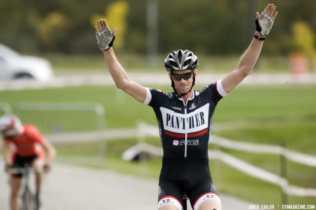 The new state champion Paul Martin of Panther pb Competitive Cyclist crosses the finish line during Two Days in Dublin, Ohio State Cyclocross Championships. © Greg Sailor - VeloArts.com