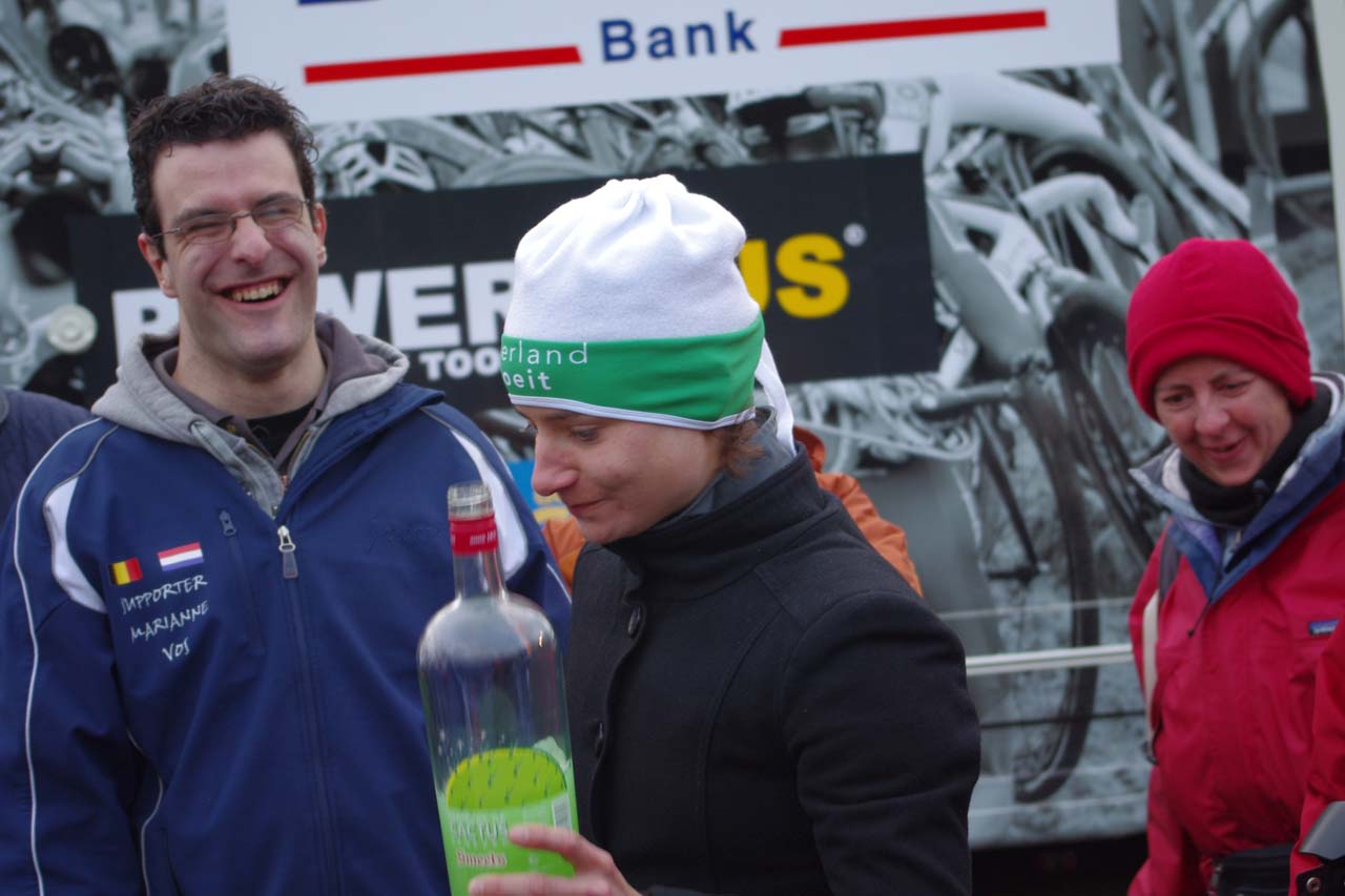 Vos and her supporters enjoy the post-race festivities. ? Jonas Bruffaerts