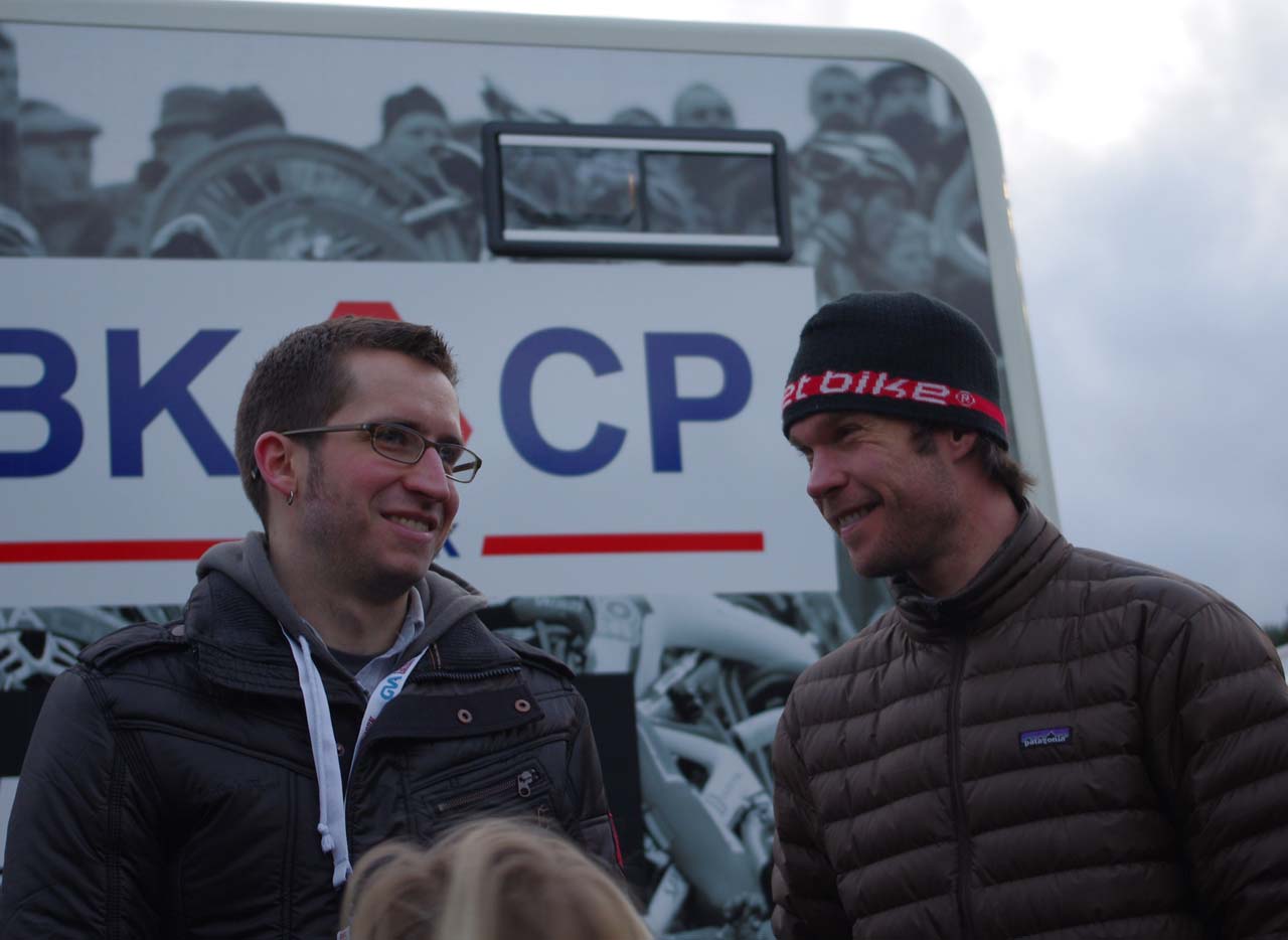 Jonathan Page enjoys good company, CXM's Dan Seaton, after the final race of the season. ? Jonas Bruffaerts