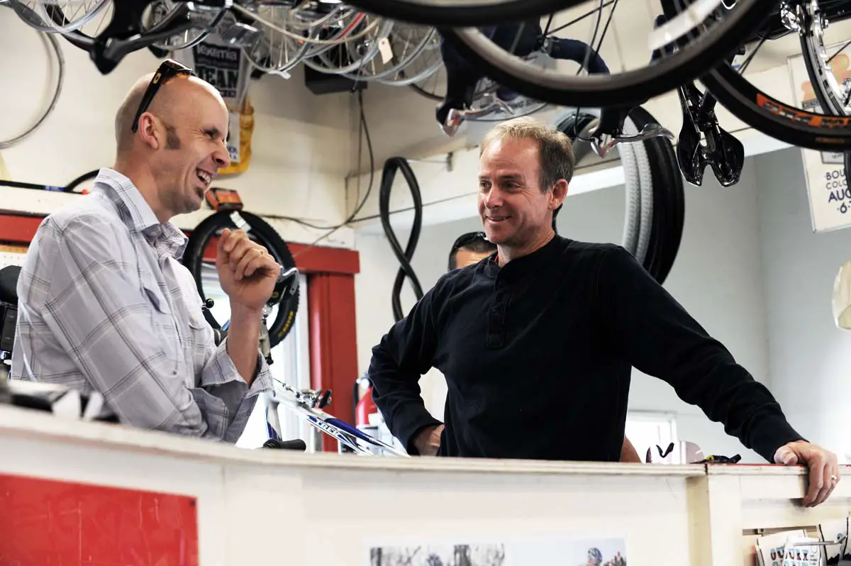 Matt Simpson charms the owner of Ten Speed Spokes. ? Natalia McKittrick