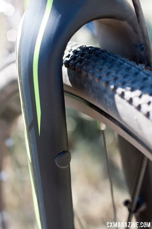 A view of the plugged cantilever fork mounts. © Cyclocross Magazine