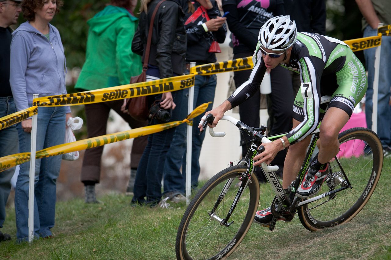 Jeremy Powers (Cannondale-Cyclocrossworld) negoitates one of the slippery off-camber corners that characterized the Planet Bike Cup course. © Wil Matthews