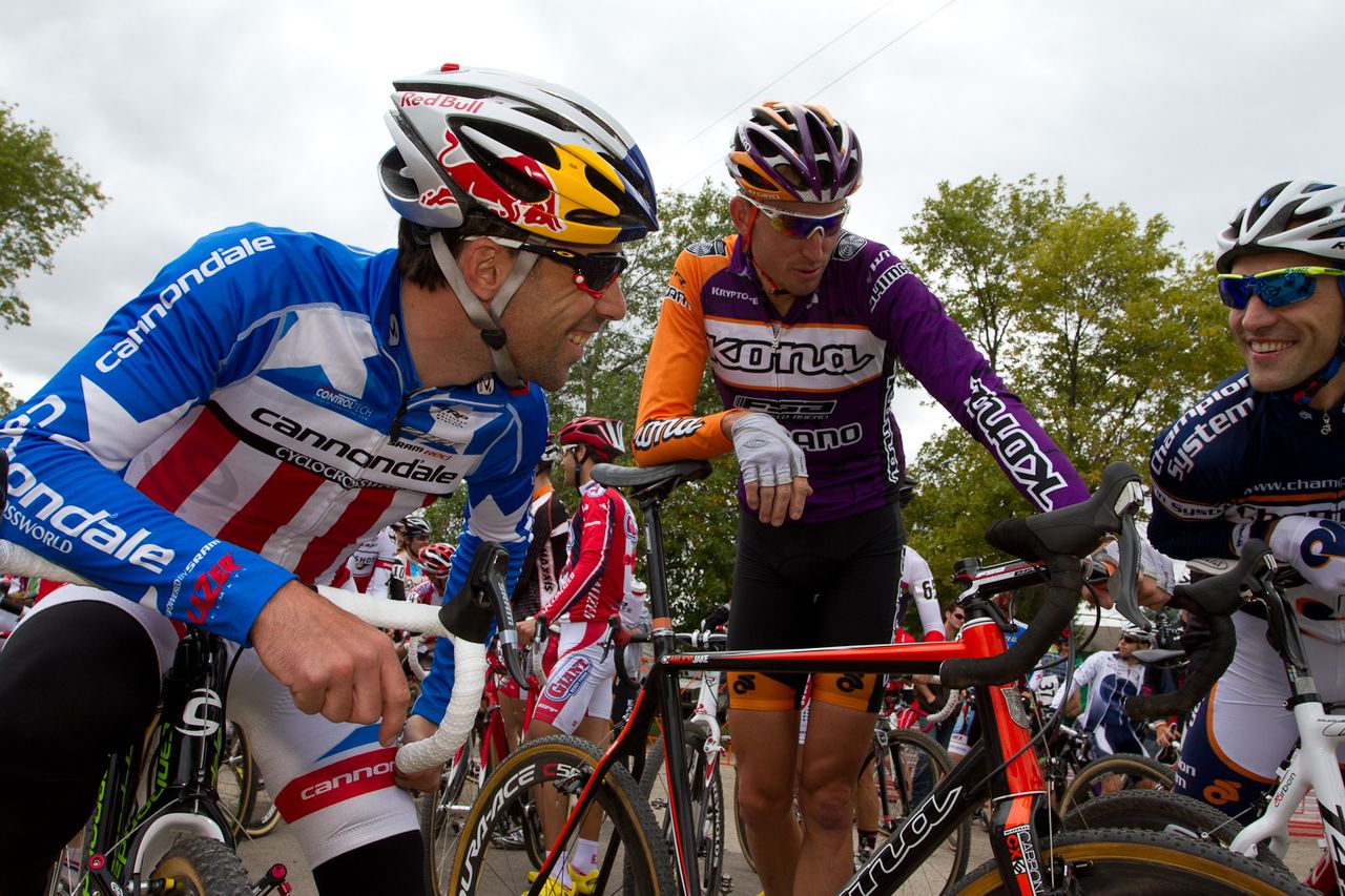 Tim Johnson, Ryan  Trebon and Christian Heule at start.