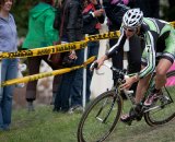 Jeremy Powers (Cannondale-Cyclocrossworld) negoitates one of the slippery off-camber corners that characterized the Planet Bike Cup course. © Wil Matthews