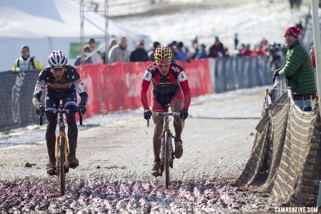 Webber and Pietro were battling for the title before mud-related mechanicals doomed their chances. Masters Men 40-44, 2013 Cyclocross World Championships. © Cyclocross Magazine