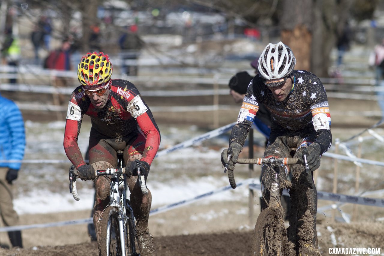Pietro and Webber, on the only bikes they have left. Masters Men 40-44, 2013 Cyclocross World Championships. © Cyclocross Magazine