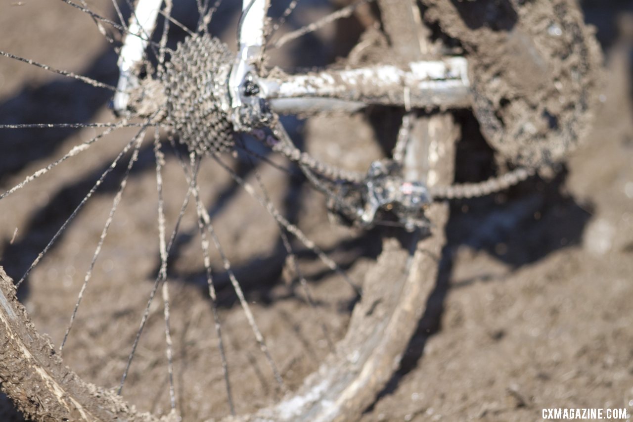 A costly day: No podium and a destroyed Campagnolo Super Record derailleur for Pietro. 2013 Cyclocross World Championships. © Cyclocross Magazine