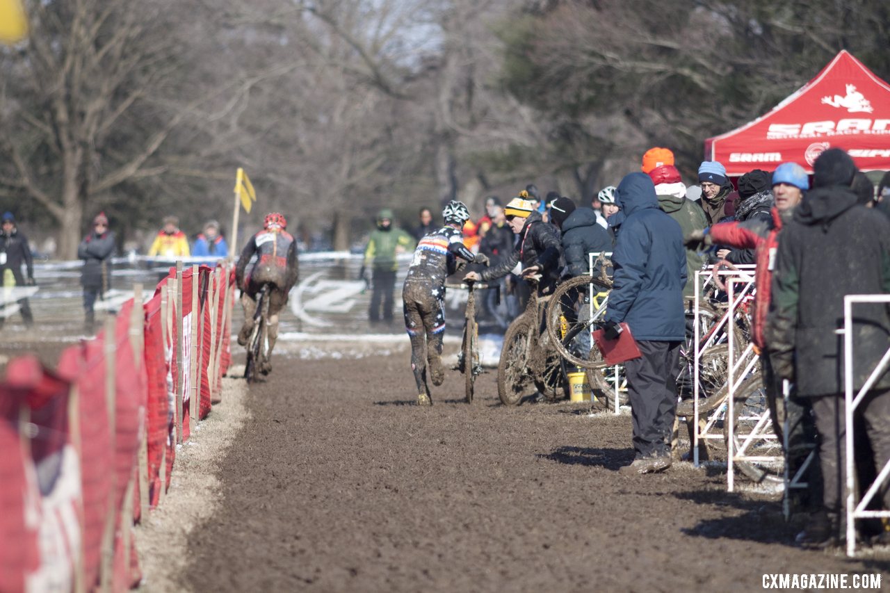 A tough day in the pits. Pietro and Webber before they were down to one bike.  © Cyclocross Magazine