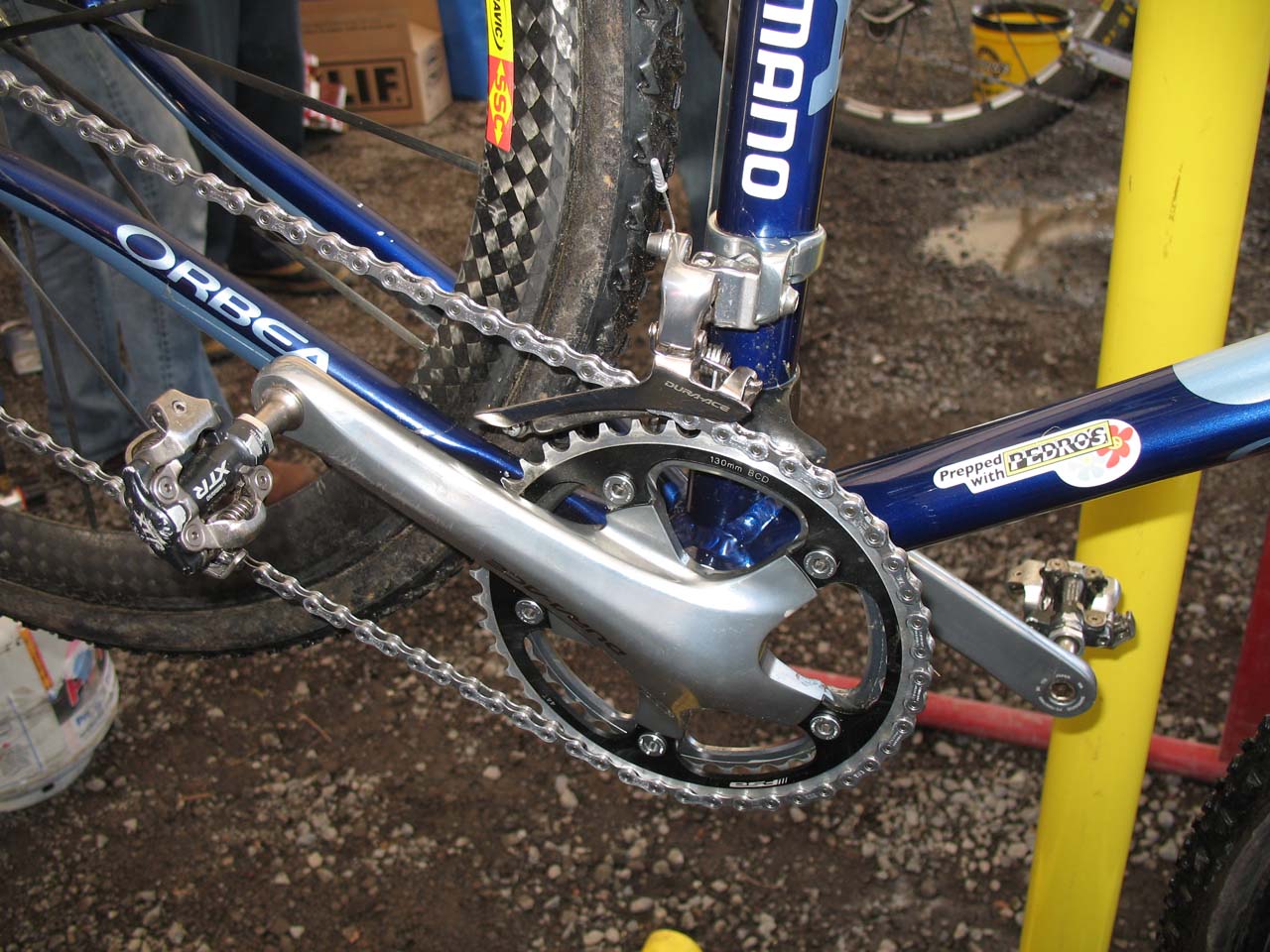 Dunlap chooses a double chainring setup with a Dura Ace front derailluer directing the chain. ? Cyclocross Magazine