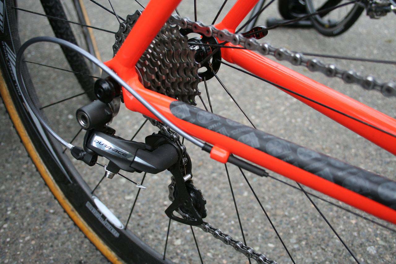 The Dura Ace rear derailleur handles the rear gear changes. ? Cyclocross Magazine