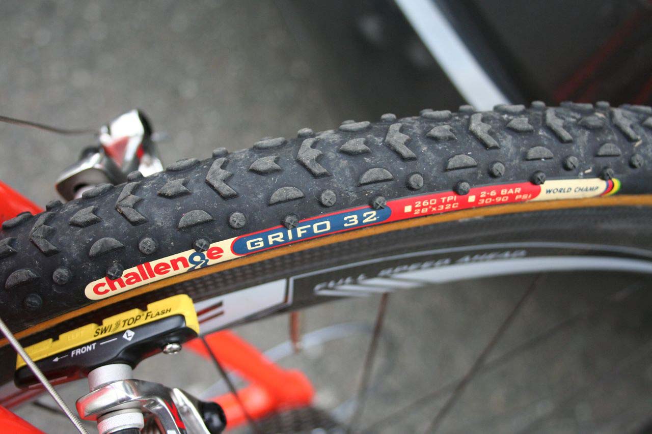 Wyman\'s FSA carbon wheels were wearing Challenge Grifo\'s when CXM saw the Kona. ? Cyclocross Magazine