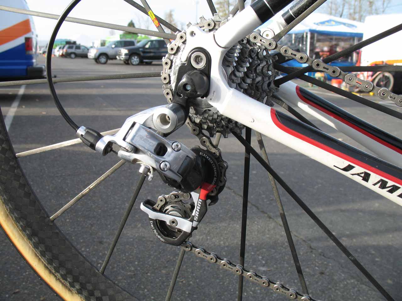 A Red rear derailleur moves the chain through the cogs. ? Cyclocross Magazine