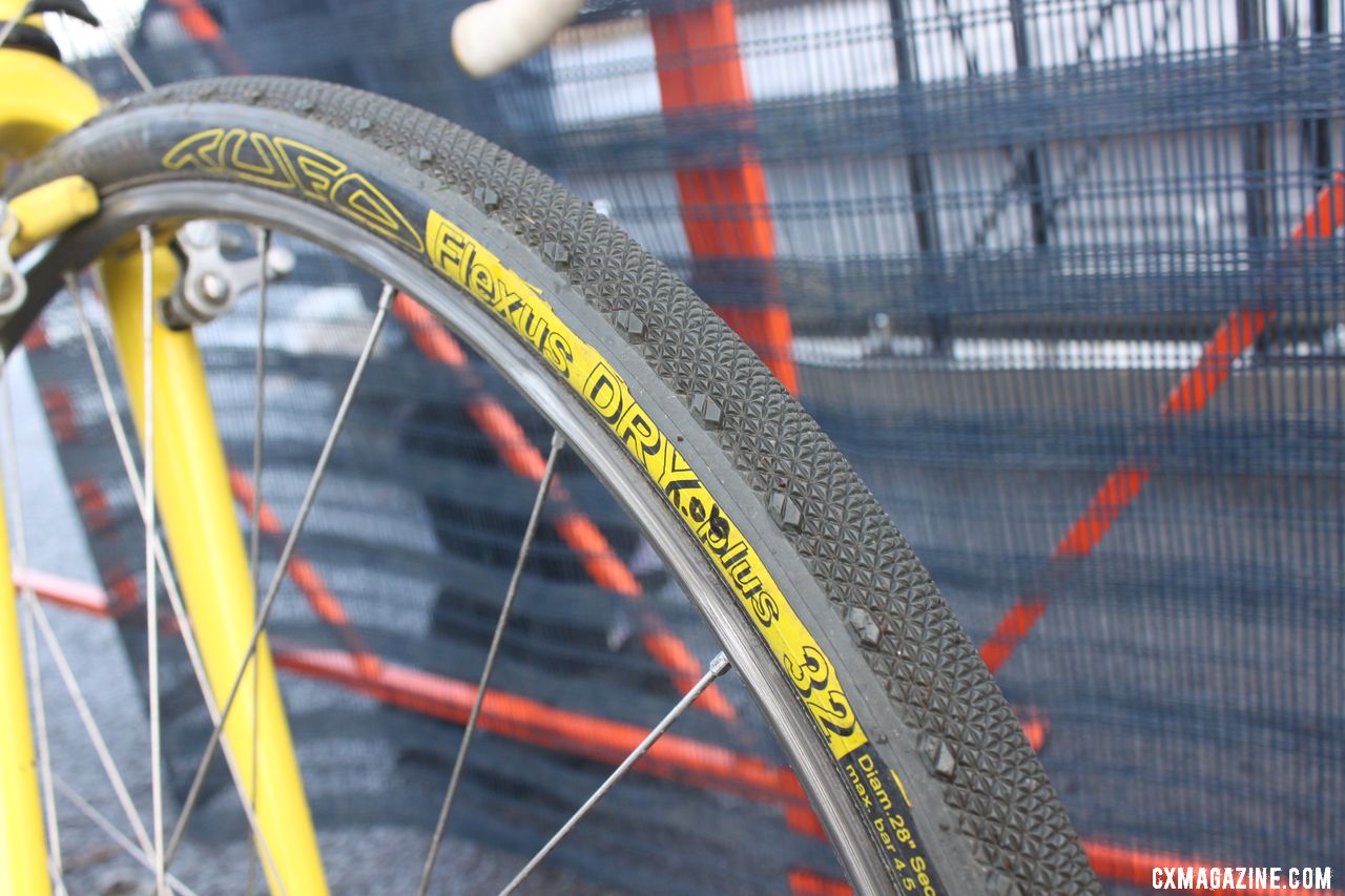 Curley uses a box section rim and Tufo tire on the front. © Cyclocross Magazine
