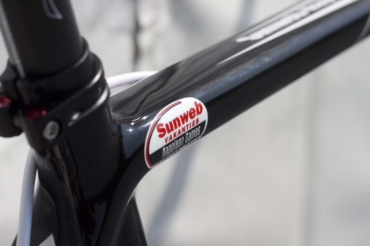 The Sunweb-Napoleon Games Cycling Team markings on the top tube. © Cyclocross Magazine