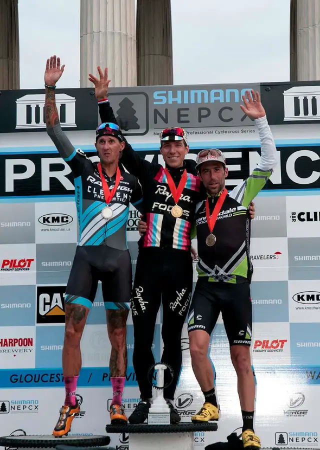 Jeremy Powers (Rapha FOCUS), center, Ben Berden (Raleigh Clement), left, and Tim Johnson (Cannondale p/b Cyclocrossworld.com) take the podium at the close of day 1 of the 2013 Providence Cyclocross Festival. Â© Kevin White