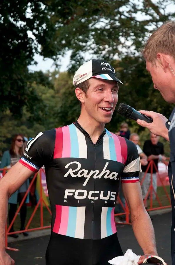 An elated Jeremy Powers (Rapha FOCUS) during a post race interview. Â© Kevin White