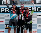 Jeremy Powers (Rapha FOCUS), center, Ben Berden (Raleigh Clement), left, and Tim Johnson (Cannondale p/b Cyclocrossworld.com) take the podium at the close of day 1 of the 2013 Providence Cyclocross Festival. Â© Kevin White