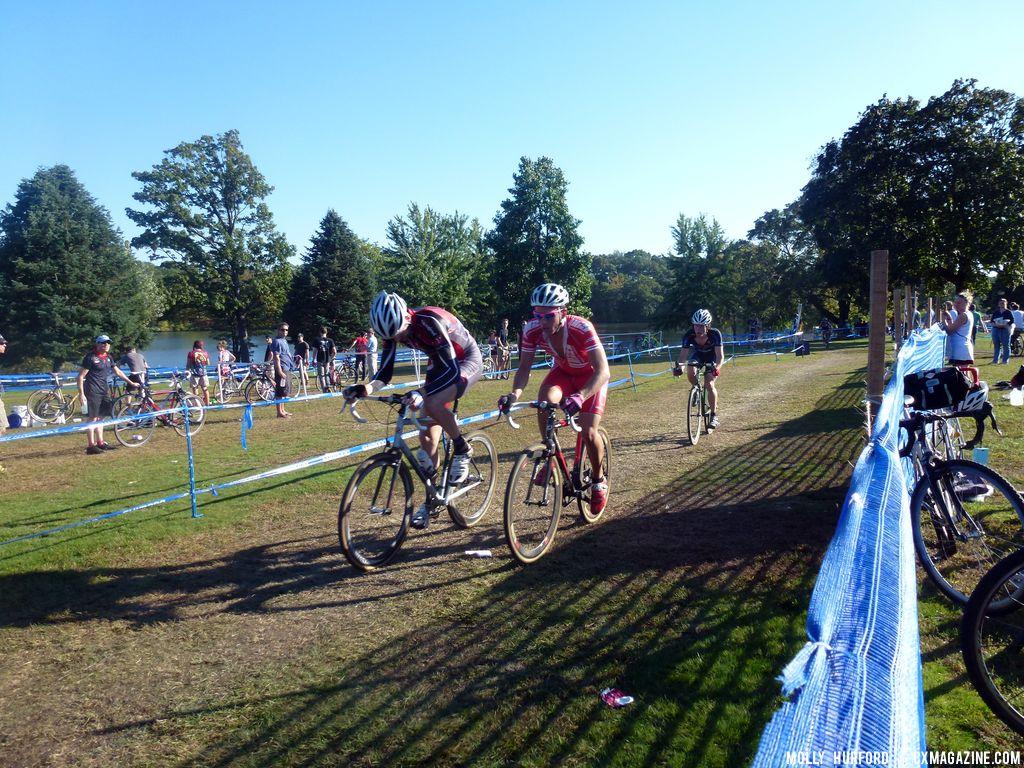 Two riders fight for the lead ahead of a more technical section of course.  © Cyclocross Magazine