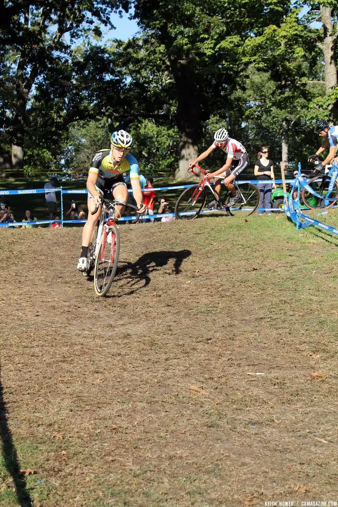 Riders come out of a sharp turn and begin a fast descent. © Cyclocross Magazine© Cyclocross Magazine