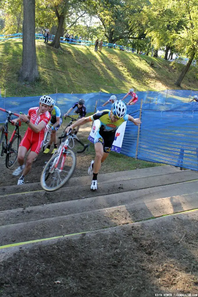 A rider nearly loses his bike on the stairs. © Cyclocross Magazine