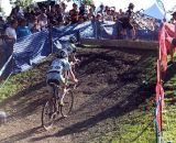 Two riders pursue a third through the barriers. © Cyclocross Magazine