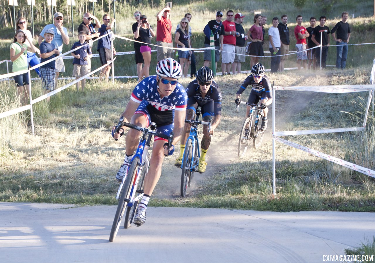 Page leading Berden and Krugoff on the first lap. 2013 Raleigh Midsummer Night\'s race. © Cyclocross Magazine