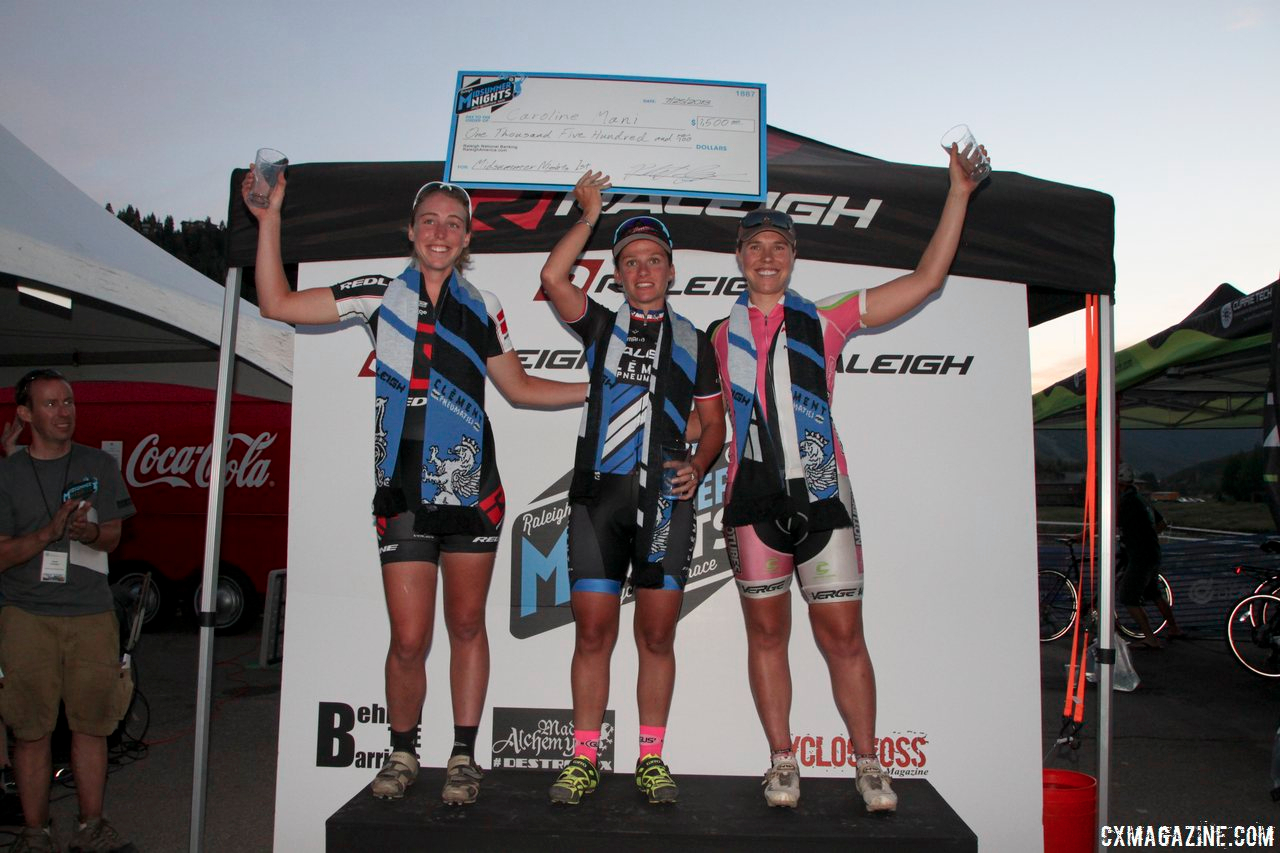 Podium, L to R: Erika Zaveta, Caroline Mani, Amanda Carey at Raleigh Midsummer Night\'s Cross. © Cyclocross Magazine