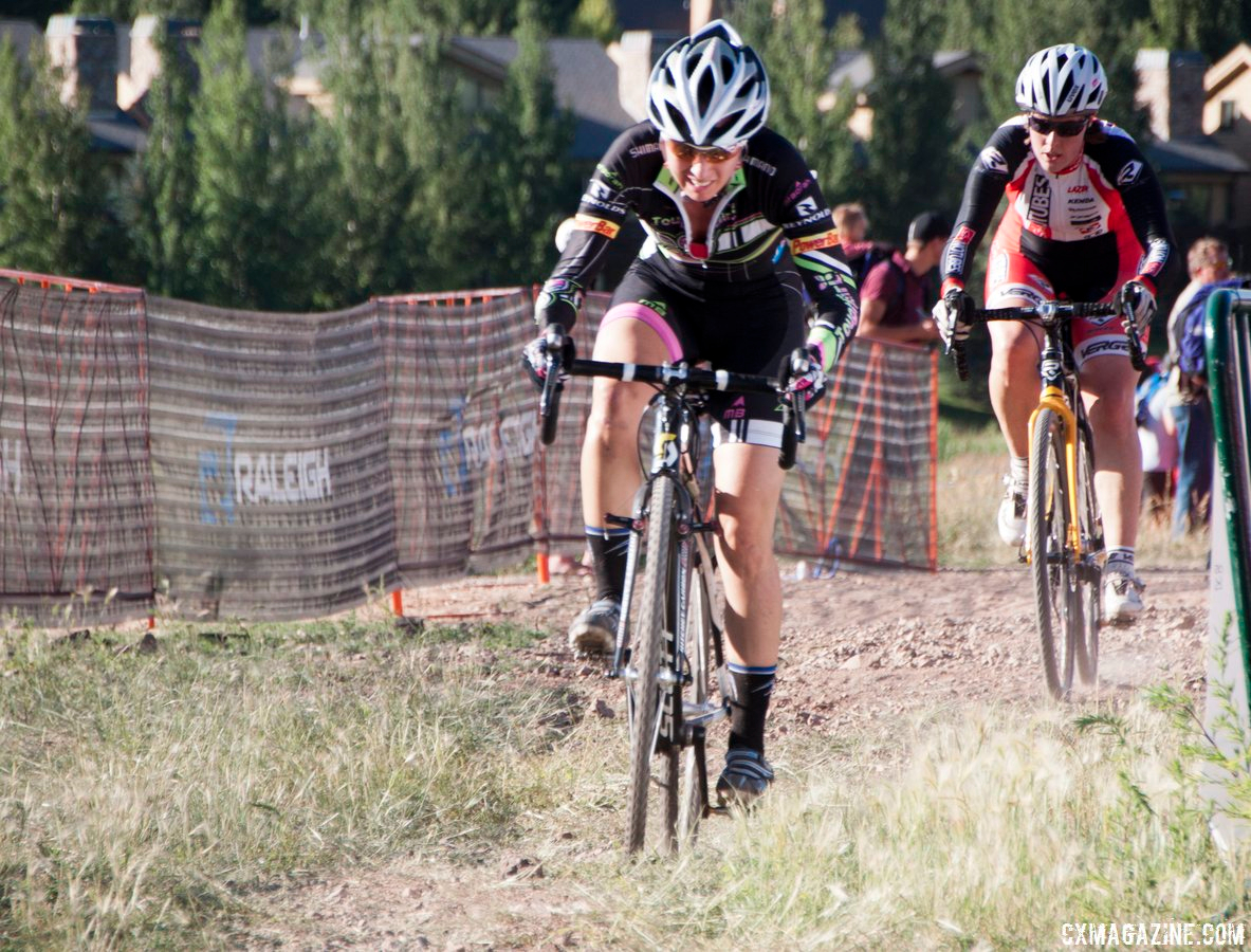 Charging to stay away from Kathy Sherwin at Raleigh Midsummer Night\'s Cross. © Cyclocross Magazine