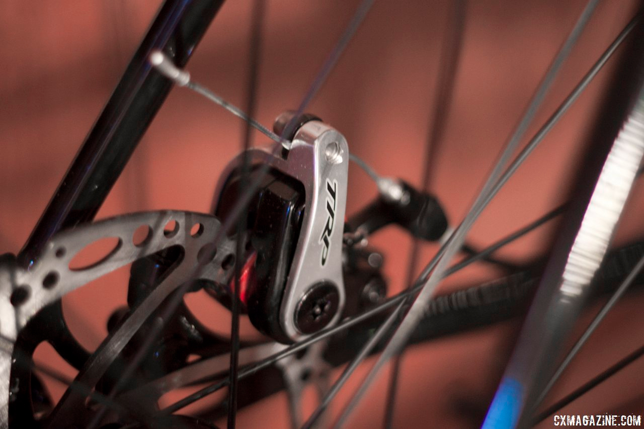 TRP\'s dual-piston mechanical disc brake handles the stopping duty on the Raleigh Tamland 1. © Cyclocross Magazine