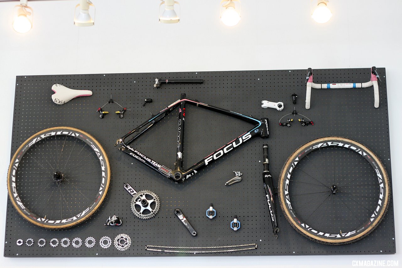 A Rapha-Focus team cyclocross bike artfully disassembled. © Cyclocross Magazine