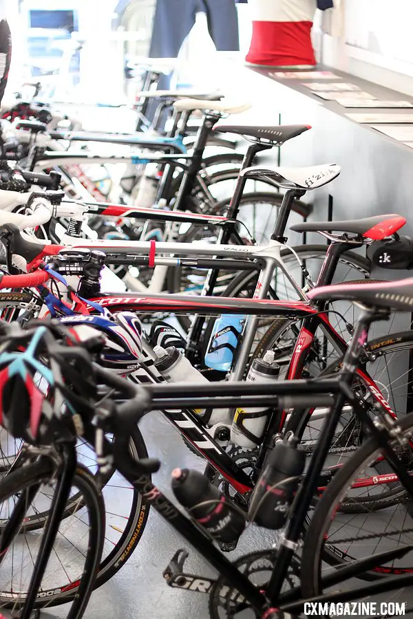 The wall rack at Rapha is a minimalist and effective. © Cyclocross Magazine