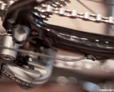 The wiring for the Shimano Ultegra Di2 RD-6770 exits neatly from the drive-side chain stay, and a rubber stop should keep the mud and dirt out. © Cyclocross Magazine