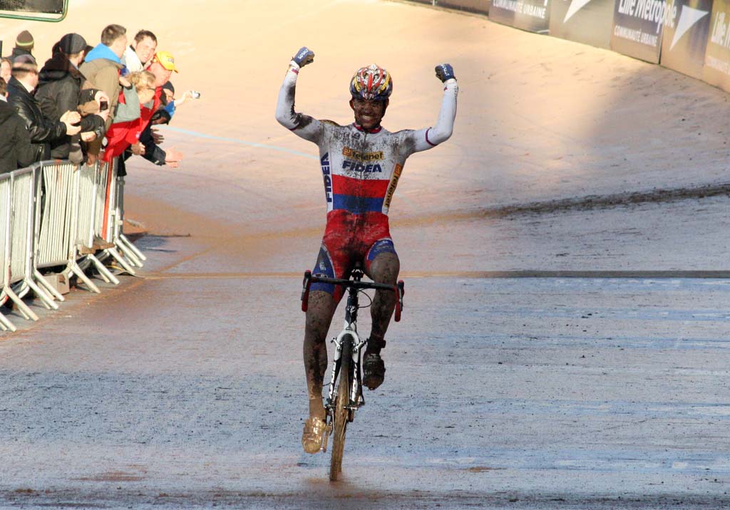 Stybar rolls across the line for the victory in Roubaix.