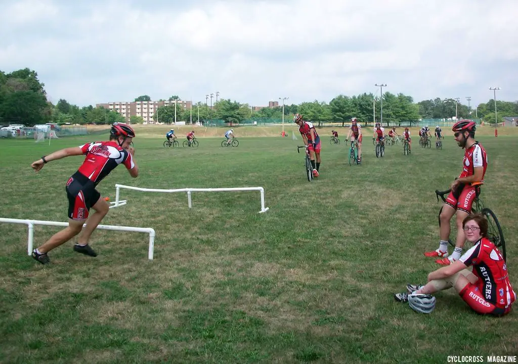 This Rutgers rider dives out of the way as the first cyclist heads for the barriers. © Molly Hurford 