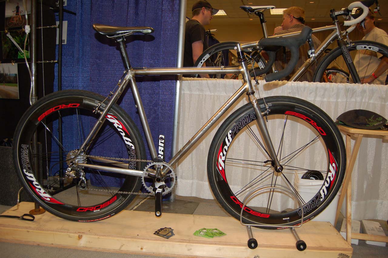 Eugene-based Winter Bicycles brought several bikes including this unpainted cyclocross rig. Winter?s Eric Estlund explained that he always likes to have one unfinished bike on hand to show off the welds. ? Dave Lawson