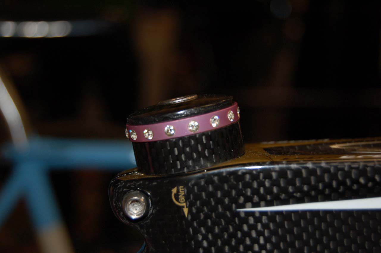Does your wife complain you never buy her anything sparkly? This bejeweled Purely Custom headset spacer, spotted on a Moth Attack track bike, might just fill that unmet marital need. ? Dave Lawson