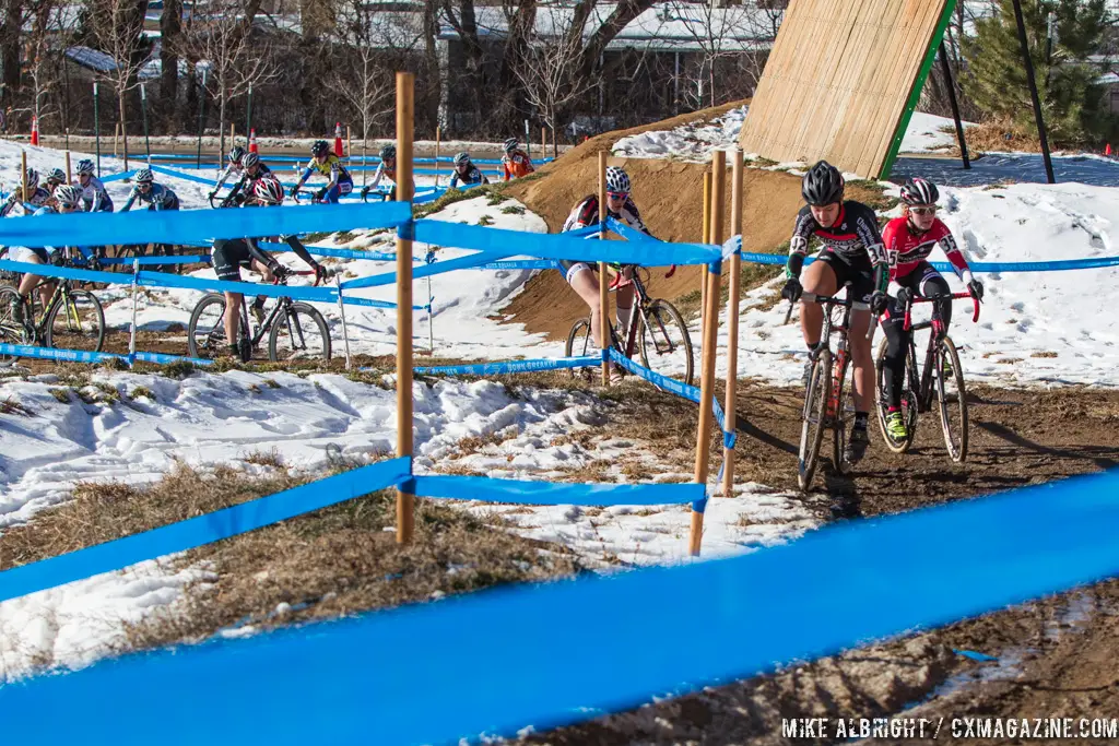 Emma White working through the crowd in the Womens 17-18 and 15-16 on the 2014 National Cyclocross Championships. © Mike Albright