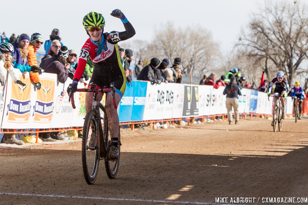 Katherine Santos takes the win in the Womens 17-18 in the 2014 National Cyclocross Championships. © Mike Albright