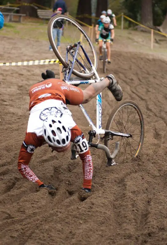 The sand proved too move for this Counterbalance Bicycles racer who went over the bars © Karen Johanson