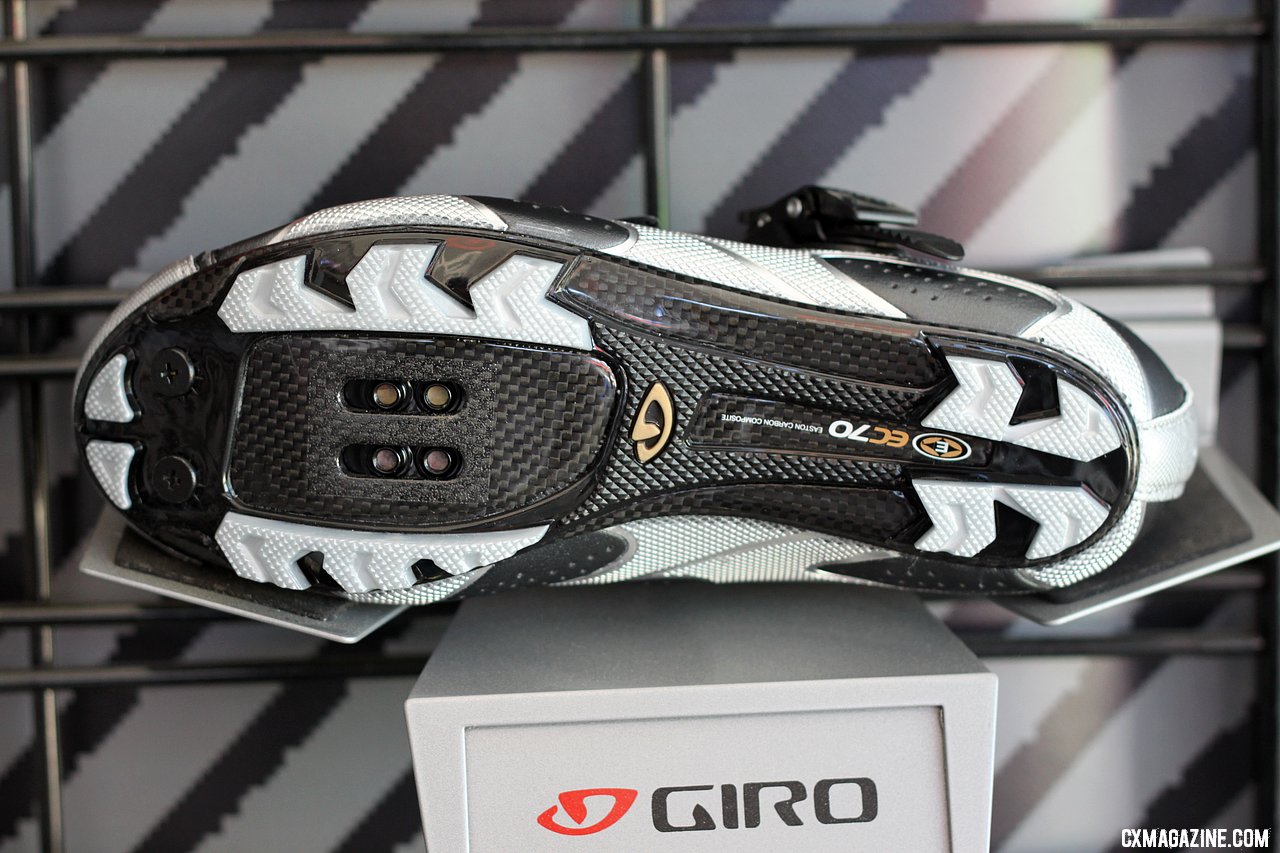 The Giro Sica\'s EC70 carbon sole also accepts toe spikes. Sea Otter Classic Expo 2011. © Cyclocross Magazine