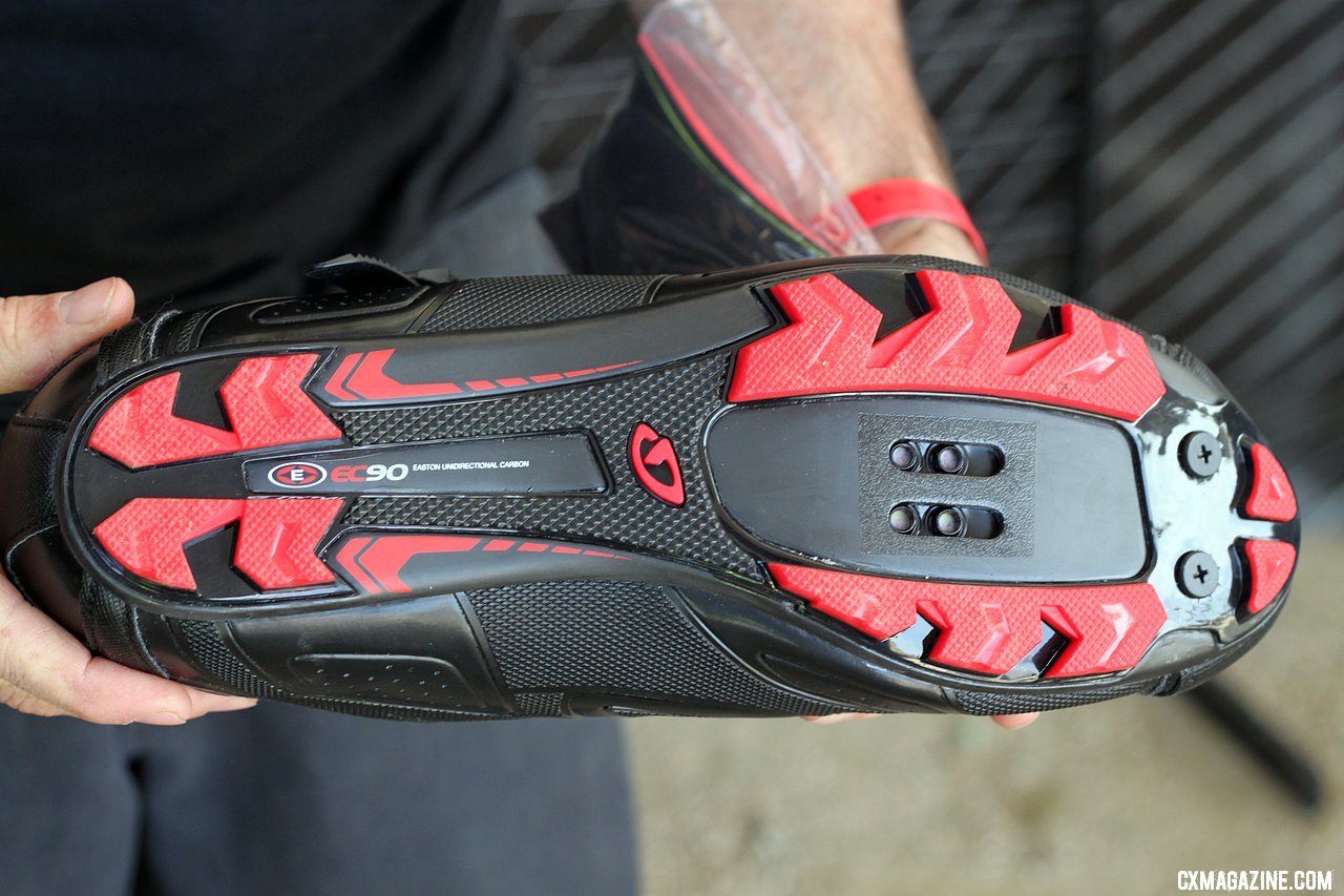 A stiff, Easton EC90 carbon sole transfers your power on the Giro Code shoe. Sea Otter Classic Expo 2011. © Cyclocross Magazine