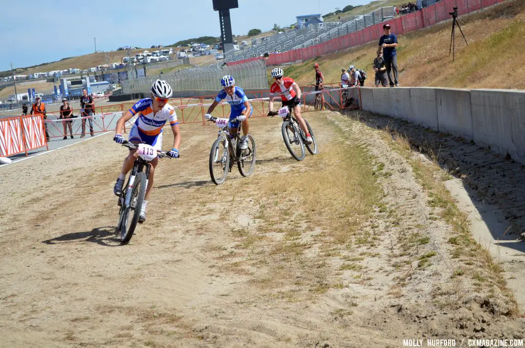 The three race leaders, with Vos out front, at Sea Otter short track race 2013. © Cyclocross Magazine