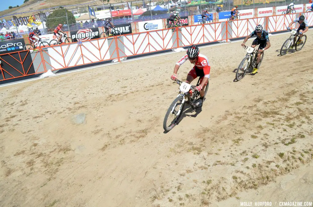 Lindine leads the chasers at the Sea Otter short track race 2013. © Cyclocross Magazine