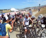 The men have a rough start as the path narrows at Sea Otter short track race 2013. © Cyclocross Magazine