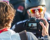 Interviewing Ben post-race during cyclocross at Sea Otter. © Mike Albright