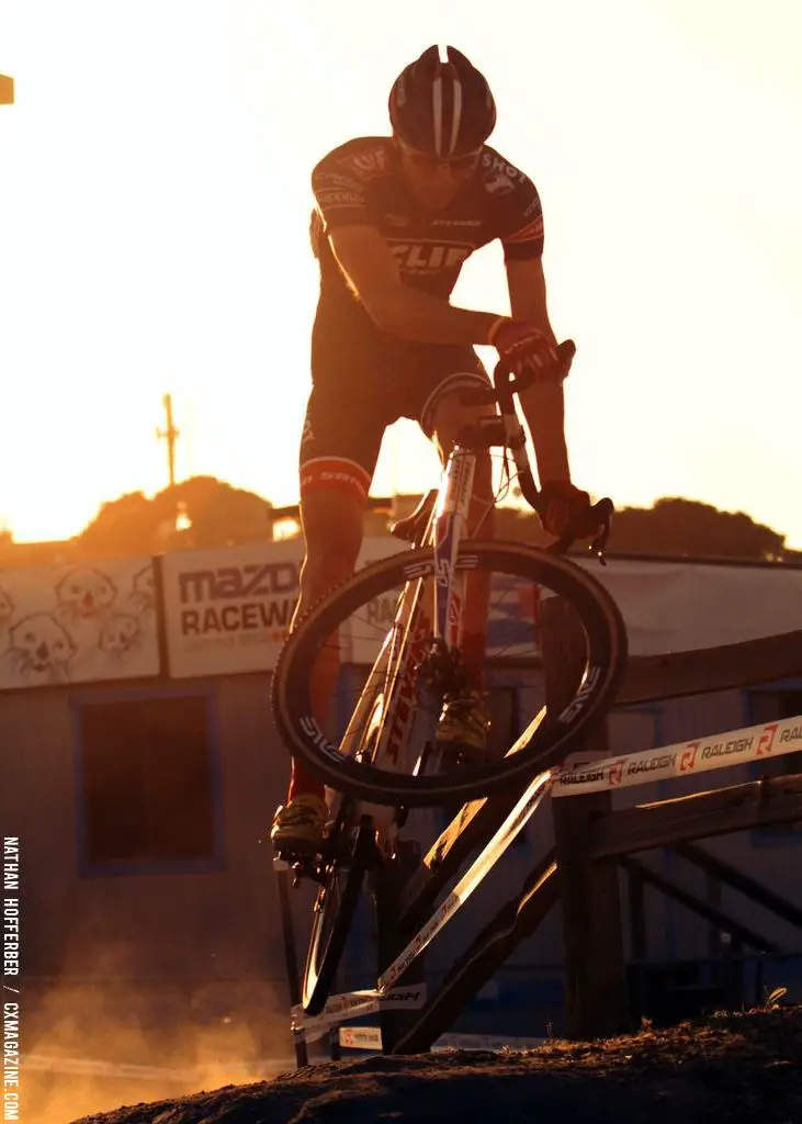 Getting air on the barriers at the Raleigh cyclocross race at Sea Otter. © Cyclocross Magazine