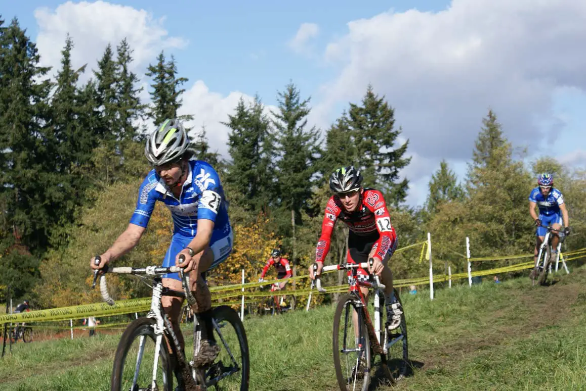 Toby Swanson (BRI) leads Steve Fischer (Rad Racing) early on before Fischer rode away. Seattle Cyclocross #5, Maris Farm, November 1, 2009. ? Kenton Berg