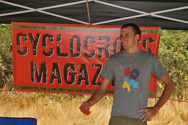 Ryan Trebon cruising in the shade of the Cyclocross Magazine tent. 