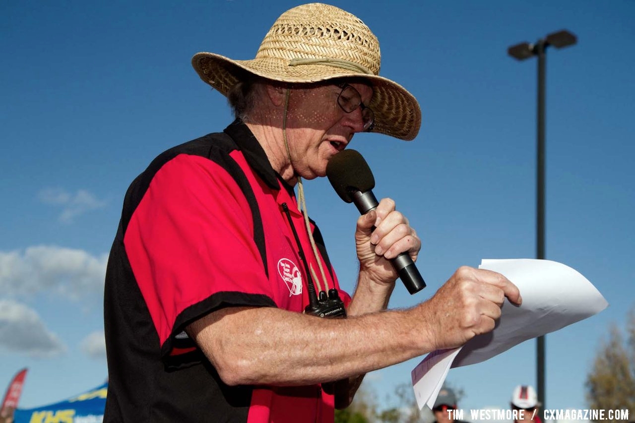 Tom Simpson giving call-ups at Sierra Point - Bay Area Super Prestige Cyclocross. © Tim Westmore