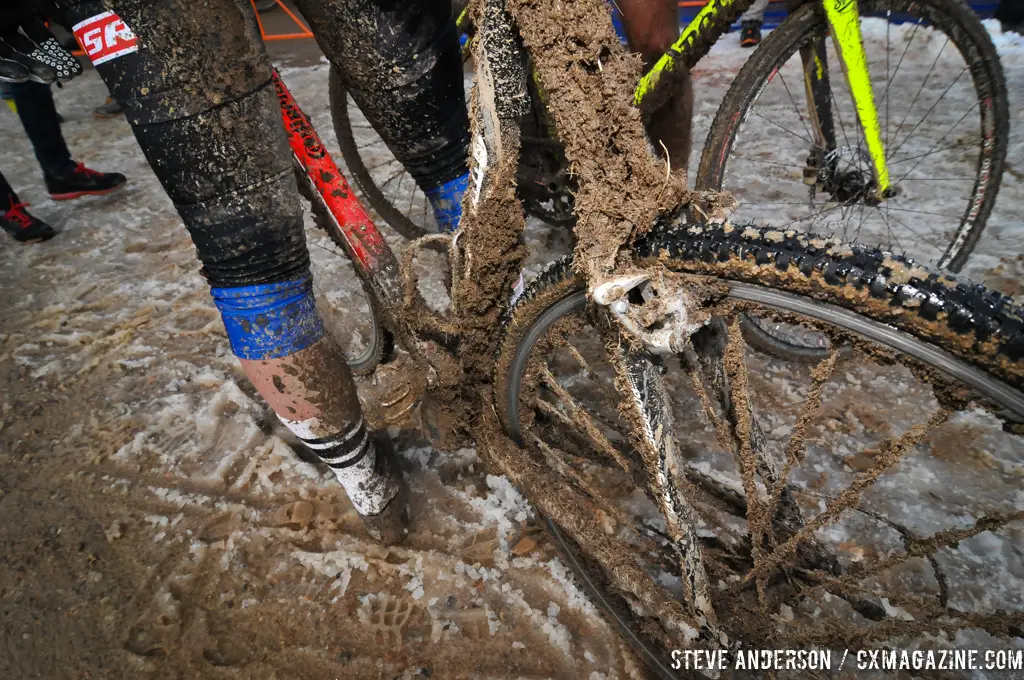 Mud, ice and organic material caked the bikes by the end of the race. © Steve Anderson